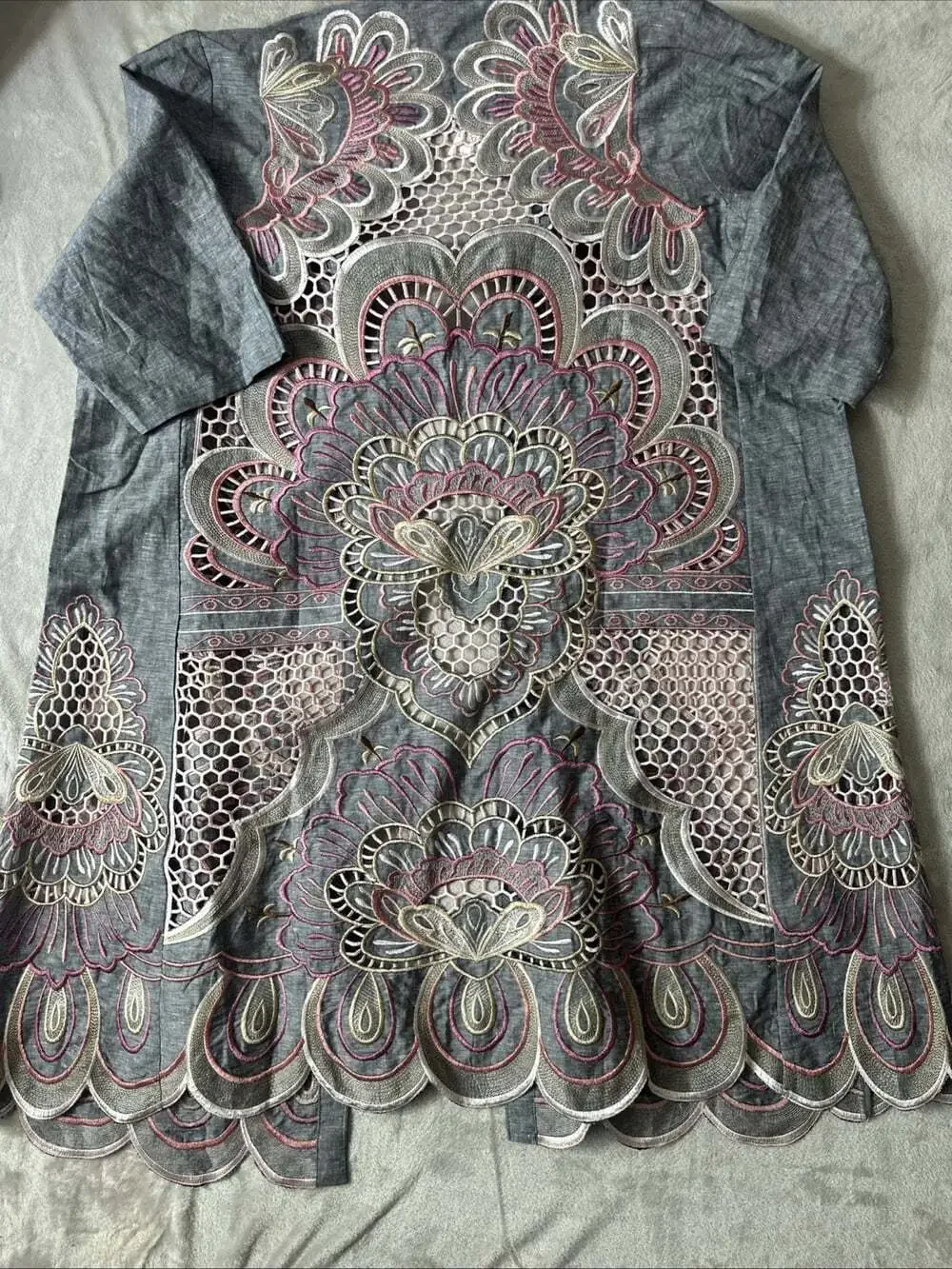 Chico’s Novelty Kimono L/XL Petite Linen Blend Scallop Embroidered Jacket NWT